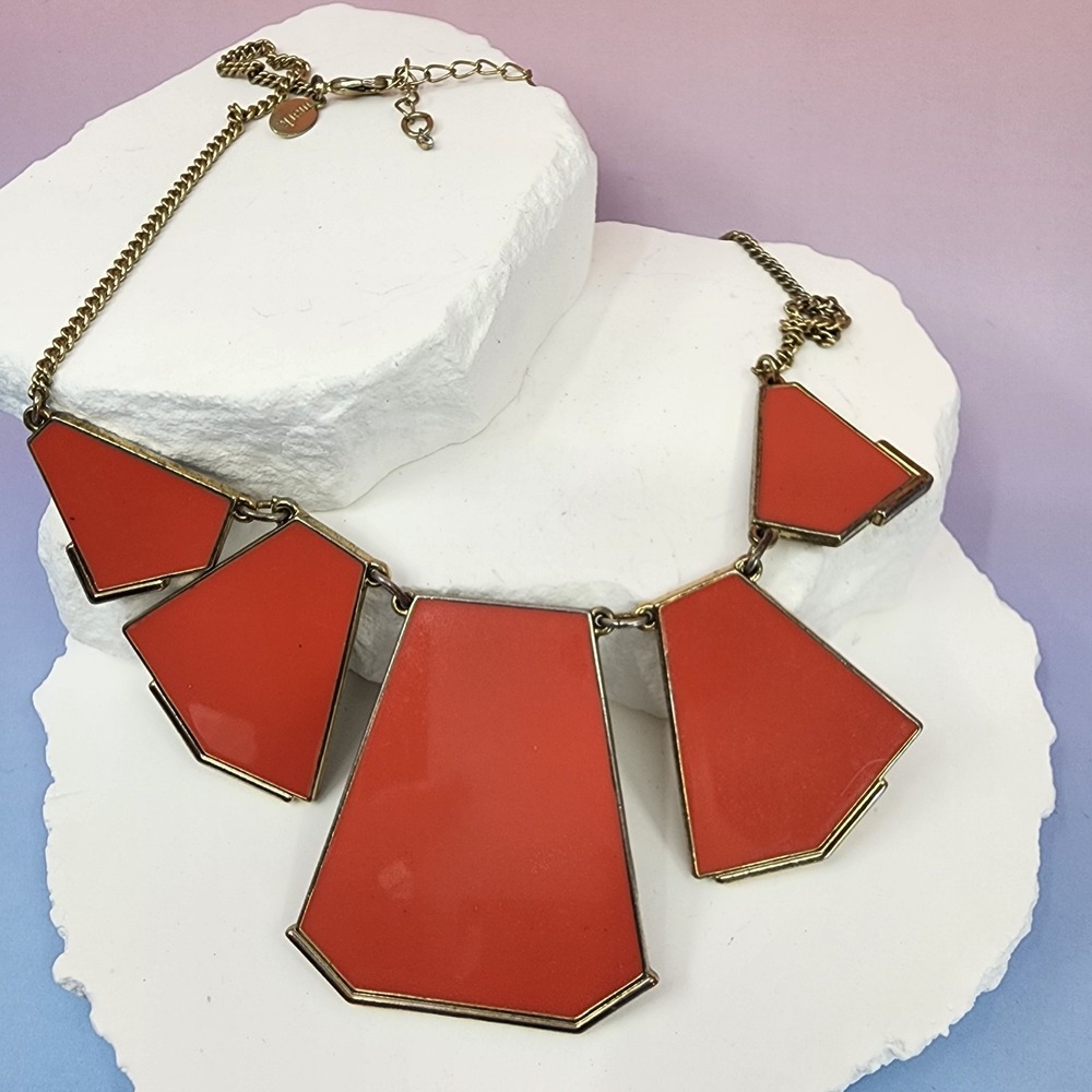 Orange Geometric Bib Necklace Gold Tone Enamel Statement Chunky Mod Boho Gift
